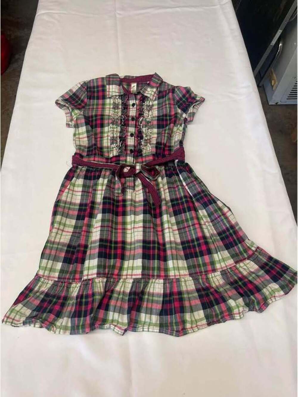 Cherokee Girls Plaid Ruffle Shirt Dress Belted Size L 10/12